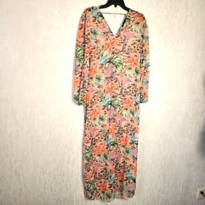 America & Beyond Women's Coverup Maxi Dress M Floral Tropical Swim Beach Resort